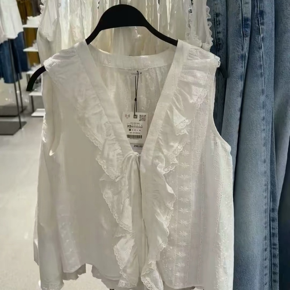 Zara White Sleeveless Ruffle Tie-Front Top